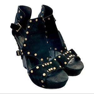 ASH Black Suede Leather Platform Wedge Sandals With Gold Tone Studs Sz 9